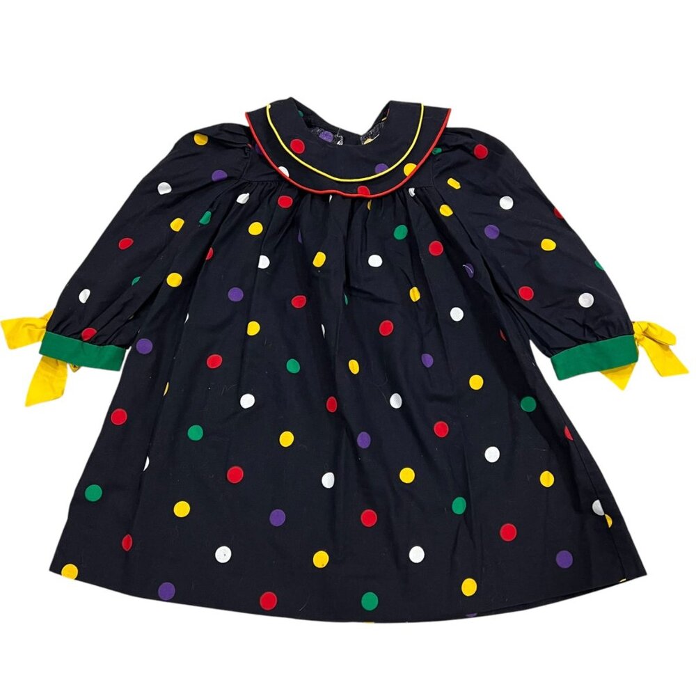 Vintage Sarah Kent Girls Polka Dot Dress With Yellow & Red Piping Cotton 4T